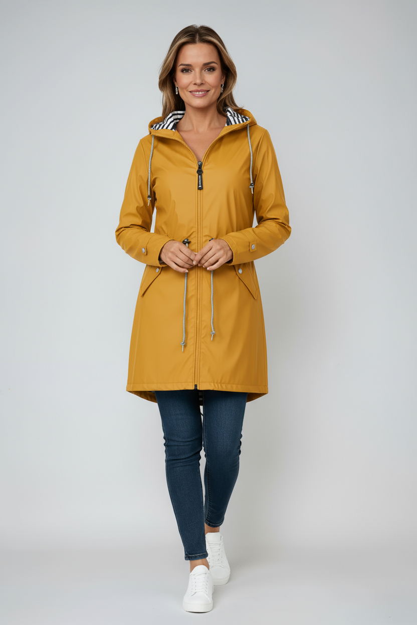 Women's Longline Hooded Waterproof Raincoat with Adjustable Waist and Flap Pockets | Koossa