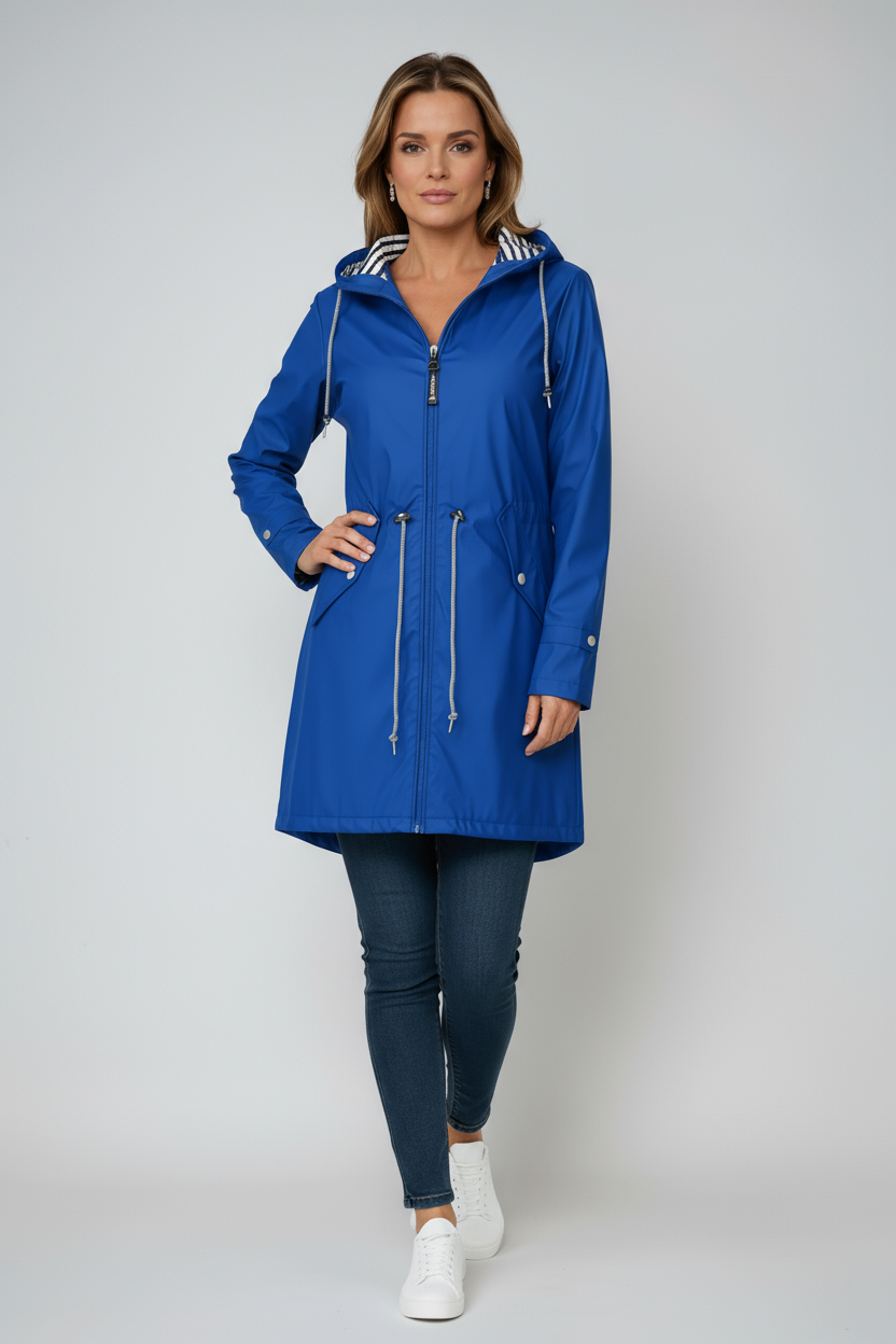 Women's Longline Hooded Waterproof Raincoat with Adjustable Waist and Flap Pockets | Koossa