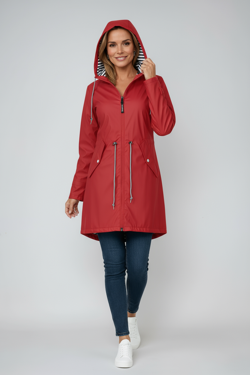 Women's Longline Hooded Waterproof Raincoat with Adjustable Waist and Flap Pockets | Koossa
