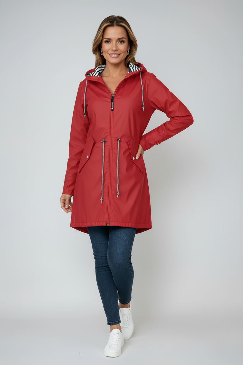 Women's Longline Hooded Waterproof Raincoat with Adjustable Waist and Flap Pockets | Koossa