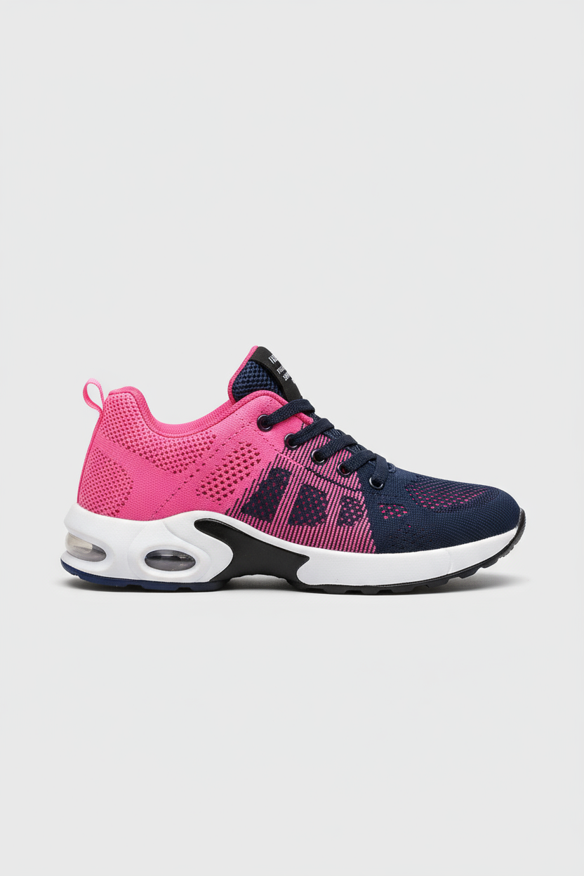 Women's Air-Cushioned Mesh Trainers in Black, White & Pink | Lightweight Breathable Sneakers for Walking Gym Everyday Comfort | Koossa