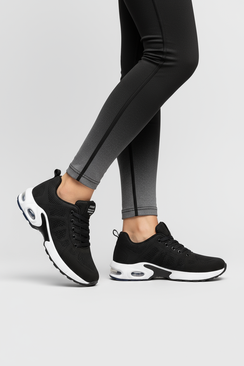 Women's Air-Cushioned Mesh Trainers in Black, White & Pink | Lightweight Breathable Sneakers for Walking Gym Everyday Comfort | Koossa