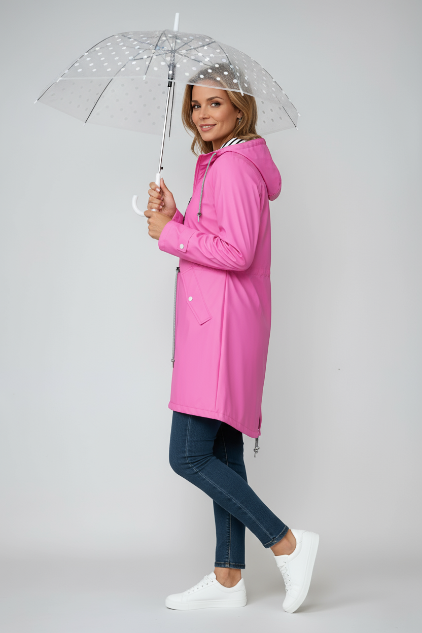 Women's Longline Hooded Waterproof Raincoat with Adjustable Waist and Flap Pockets | Koossa
