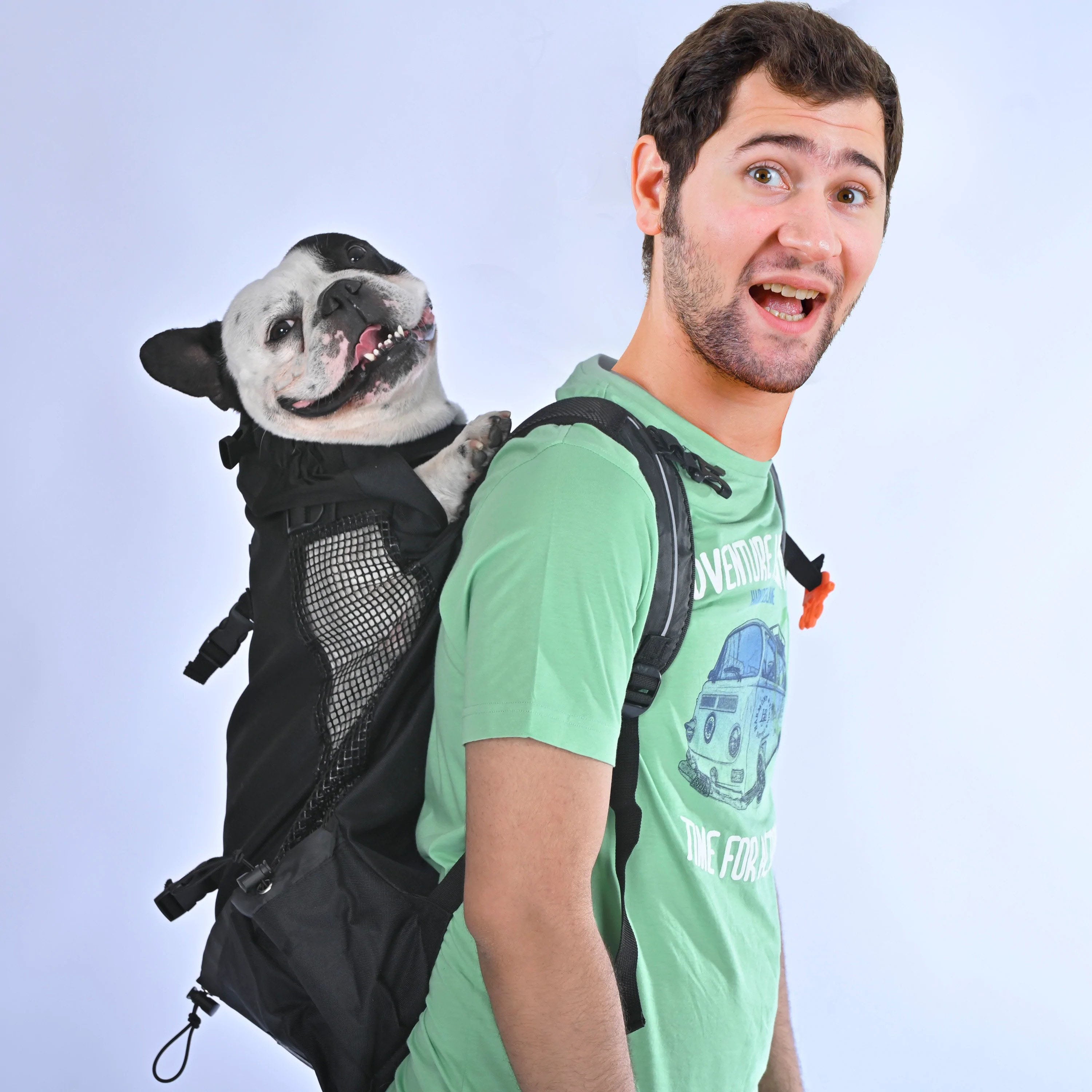 Dog Carrier Backpack Breathable Mesh French Bulldog Travel Rucksack Padded Straps Reinforced Base Anti-Scratch Ventilated Hands-Free | Koossa