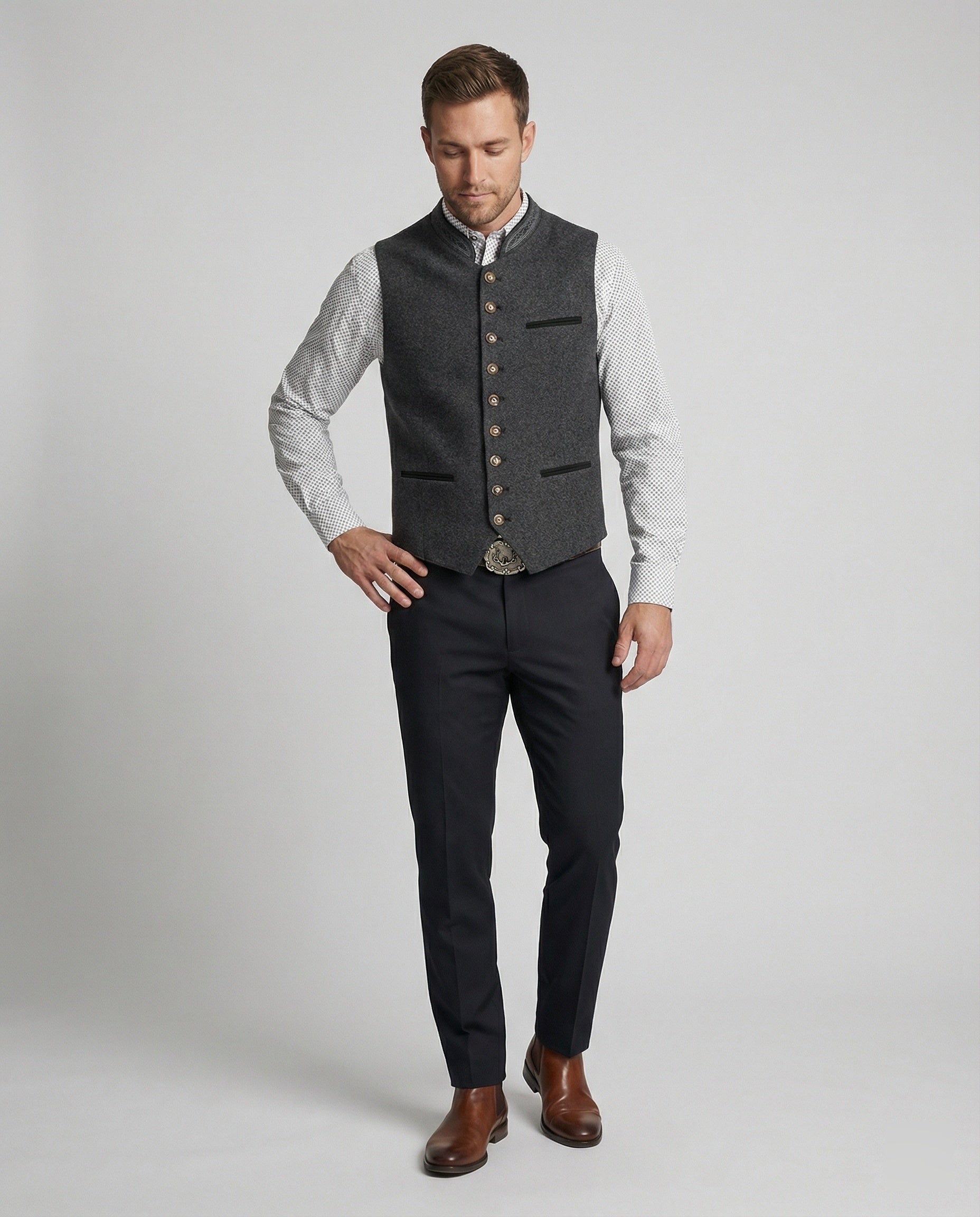 Men's Grey Traditional Waistcoat with Stand Collar — Tailored Formal Waistcoat for Heritage Events & Celebrations | Koossa
