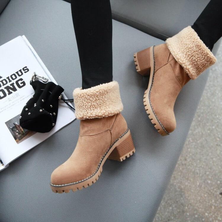 Women's Foldover Ankle Boots in Black, Brown & Grey for Autumn Days | Warm Block Heel Winter Footwear with Cushioned Lining | Koossa