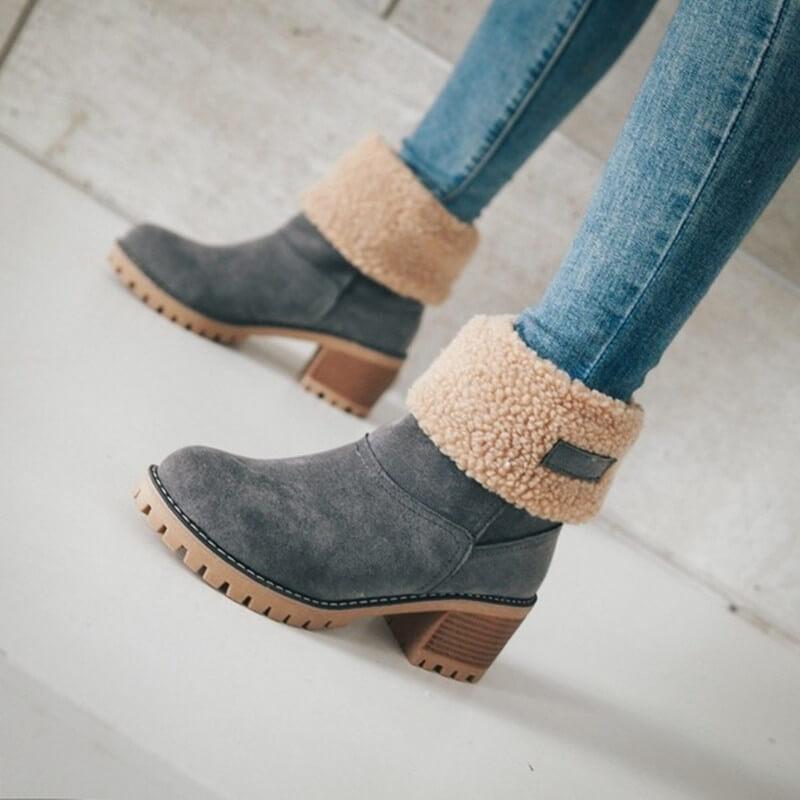 Women's Foldover Ankle Boots in Black, Brown & Grey for Autumn Days | Warm Block Heel Winter Footwear with Cushioned Lining | Koossa