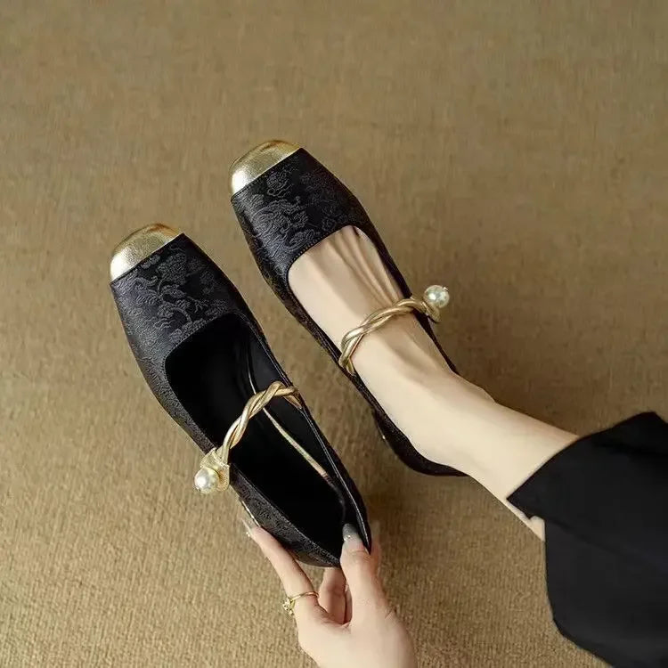 Women's Pearl-Embellished Mary Jane Shoes with Low Block Heel in Green, Black & Beige – Elegant Vintage-Inspired Footwear with Braided Strap Detail for Special Occasions and Everyday Wear | Koossa