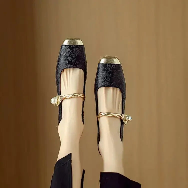 Women's Pearl-Embellished Mary Jane Shoes with Low Block Heel in Green, Black & Beige – Elegant Vintage-Inspired Footwear with Braided Strap Detail for Special Occasions and Everyday Wear | Koossa