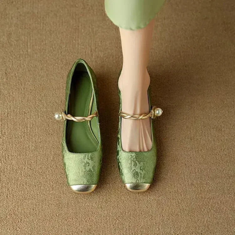 Women's Pearl-Embellished Mary Jane Shoes with Low Block Heel in Green, Black & Beige – Elegant Vintage-Inspired Footwear with Braided Strap Detail for Special Occasions and Everyday Wear | Koossa