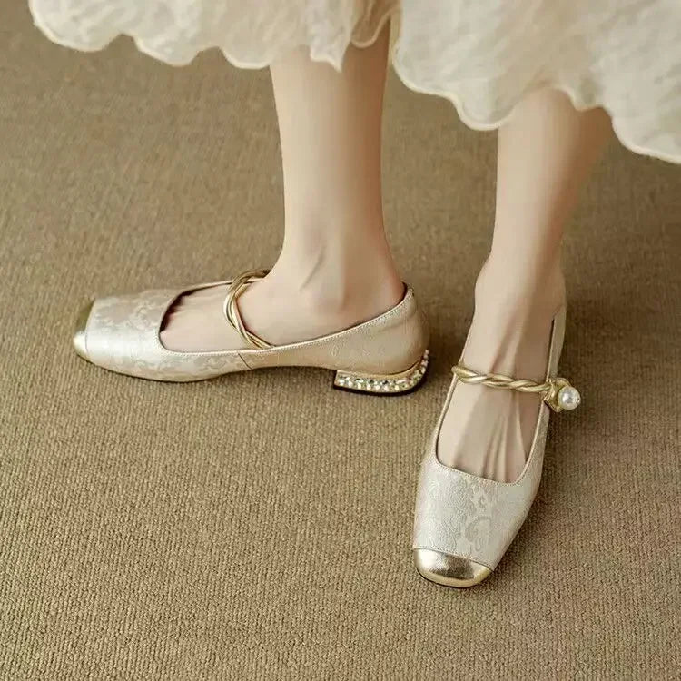 Women's Pearl-Embellished Mary Jane Shoes with Low Block Heel in Green, Black & Beige – Elegant Vintage-Inspired Footwear with Braided Strap Detail for Special Occasions and Everyday Wear | Koossa