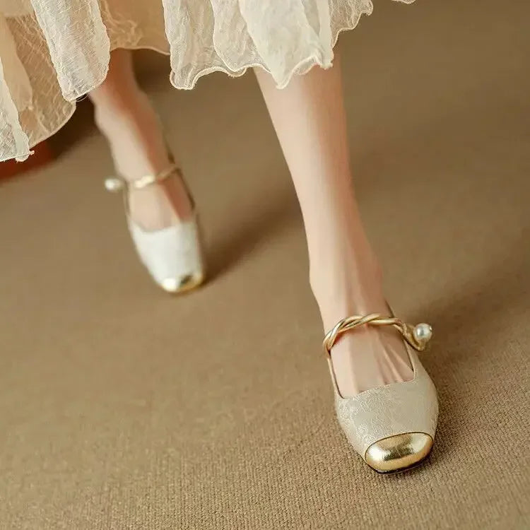 Women's Pearl-Embellished Mary Jane Shoes with Low Block Heel in Green, Black & Beige – Elegant Vintage-Inspired Footwear with Braided Strap Detail for Special Occasions and Everyday Wear | Koossa