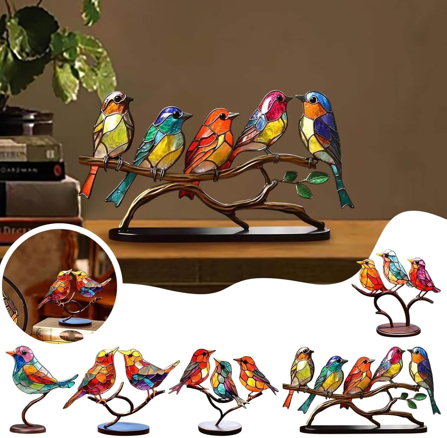 Oiseaux en Verre Soufflé sur Branchage — Figurines Décoratives Colorées pour Bureau et Rebord de Fenêtre | Koossa