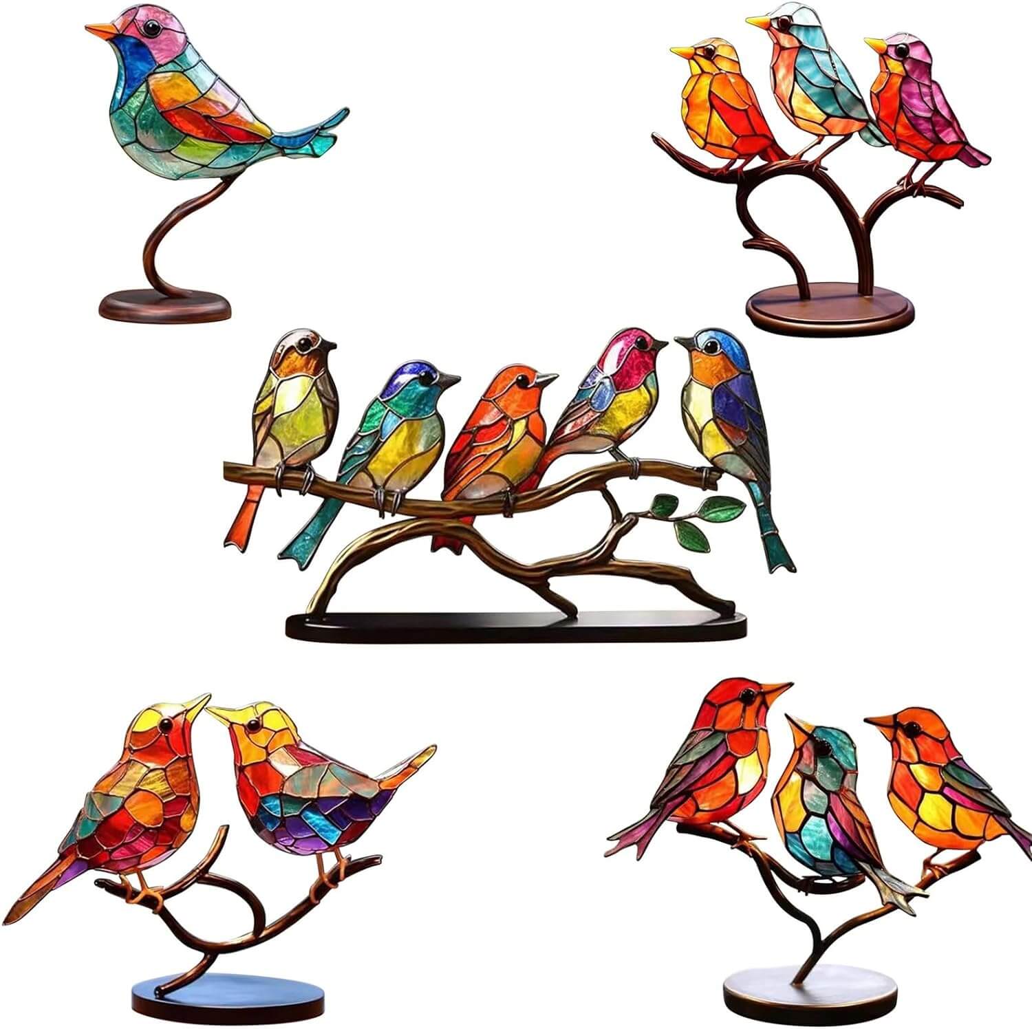 Oiseaux en Verre Soufflé sur Branchage — Figurines Décoratives Colorées pour Bureau et Rebord de Fenêtre | Koossa