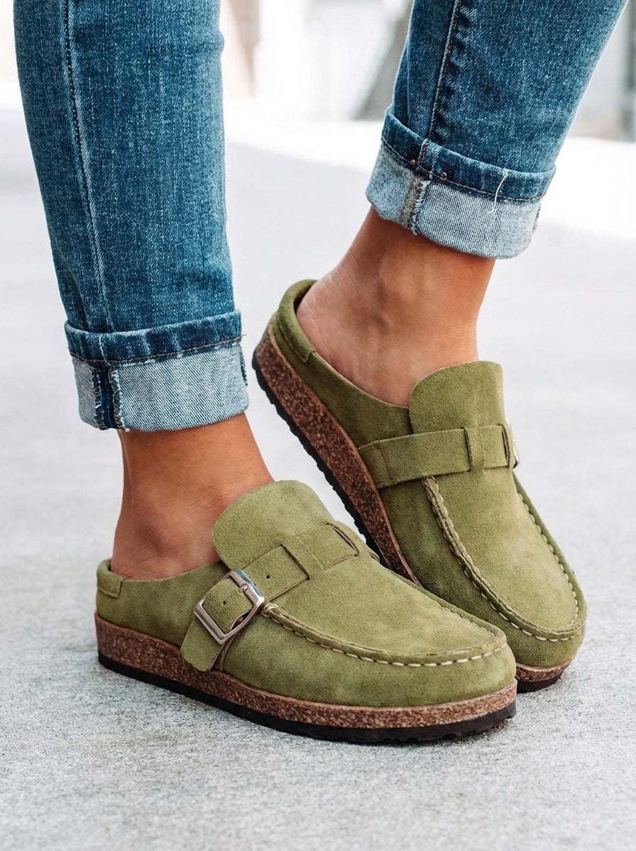 Women's Buckle Mule Slippers — Classic Flat Slip-On Shoes for Everyday Comfort & Seasonal Elegance | Koossa