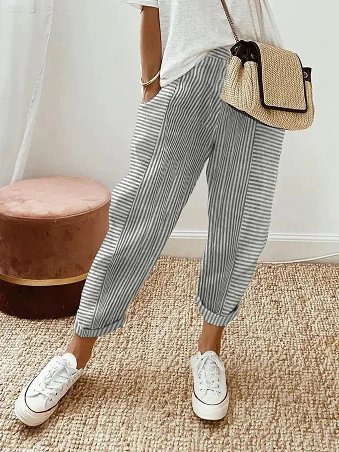 Women's Lightweight Striped Summer Trousers with Elasticated Waist in Classic Colours | Koossa