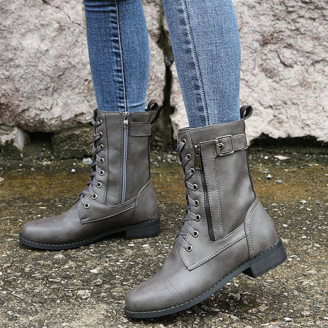 Lace-Up Ankle Boots with Side Buckle Detail in Brown, Black & Grey – Versatile Mid-Calf Silhouette for Everyday Elegance | Koossa