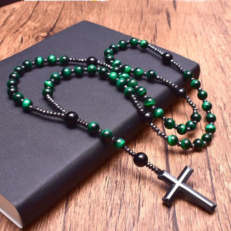 Beaded Stone Necklace for Men with Cross Pendant – Natural Gemstone Jewelry for Everyday Wear, Meditation & Mindfulness | Lonoma