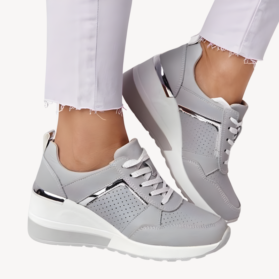 Women's Leather Wedge Trainers with Hidden Heel in Beige, Grey, Pink & White – Elevated Comfort for Town & Country | Koossa