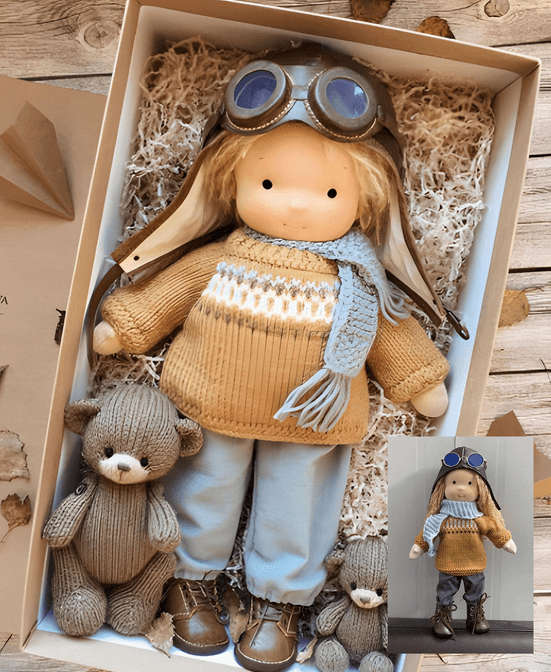 Handmade Waldorf Doll 11 in, Natural Cotton & Wool Soft Doll with Knit Dress, Heirloom Keepsake Toy Gift for Kids Ages 3+ | Lonoma