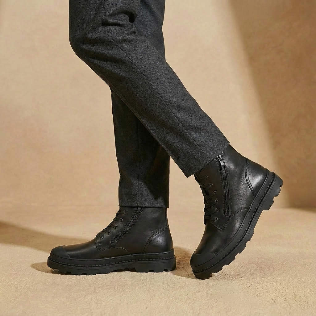 Handcrafted Leather Ankle Boots for Men – Lace-Up Round Toe with Side Zipper – Rubber Sole Walking Boots for Everyday | Lonoma