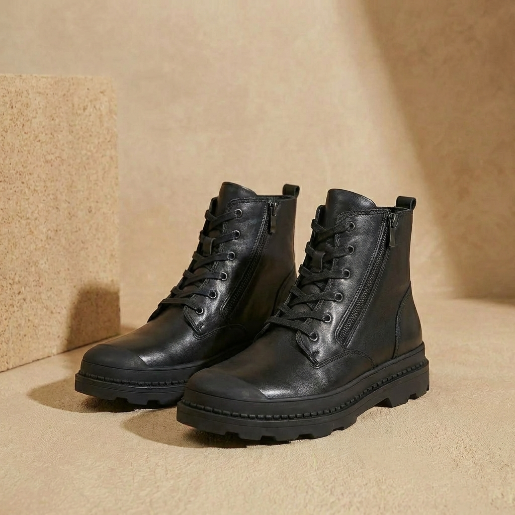 Handcrafted Leather Ankle Boots for Men – Lace-Up Round Toe with Side Zipper – Rubber Sole Walking Boots for Everyday | Lonoma