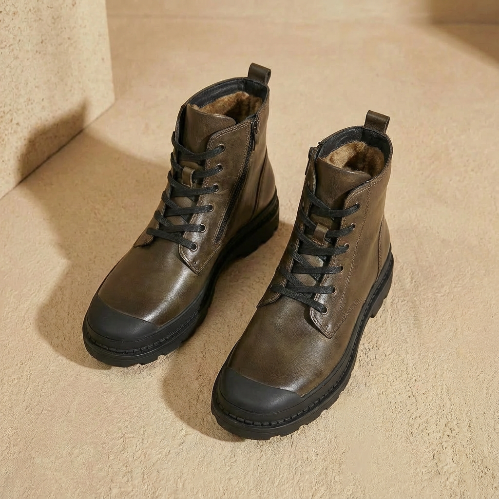 Handcrafted Leather Ankle Boots for Men – Lace-Up Round Toe with Side Zipper – Rubber Sole Walking Boots for Everyday | Lonoma