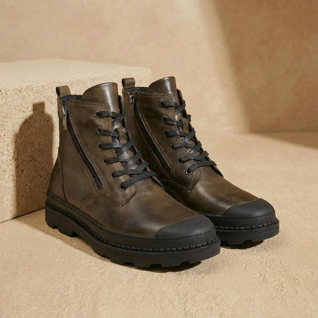 Handcrafted Leather Ankle Boots for Men – Lace-Up Round Toe with Side Zipper – Rubber Sole Walking Boots for Everyday | Lonoma