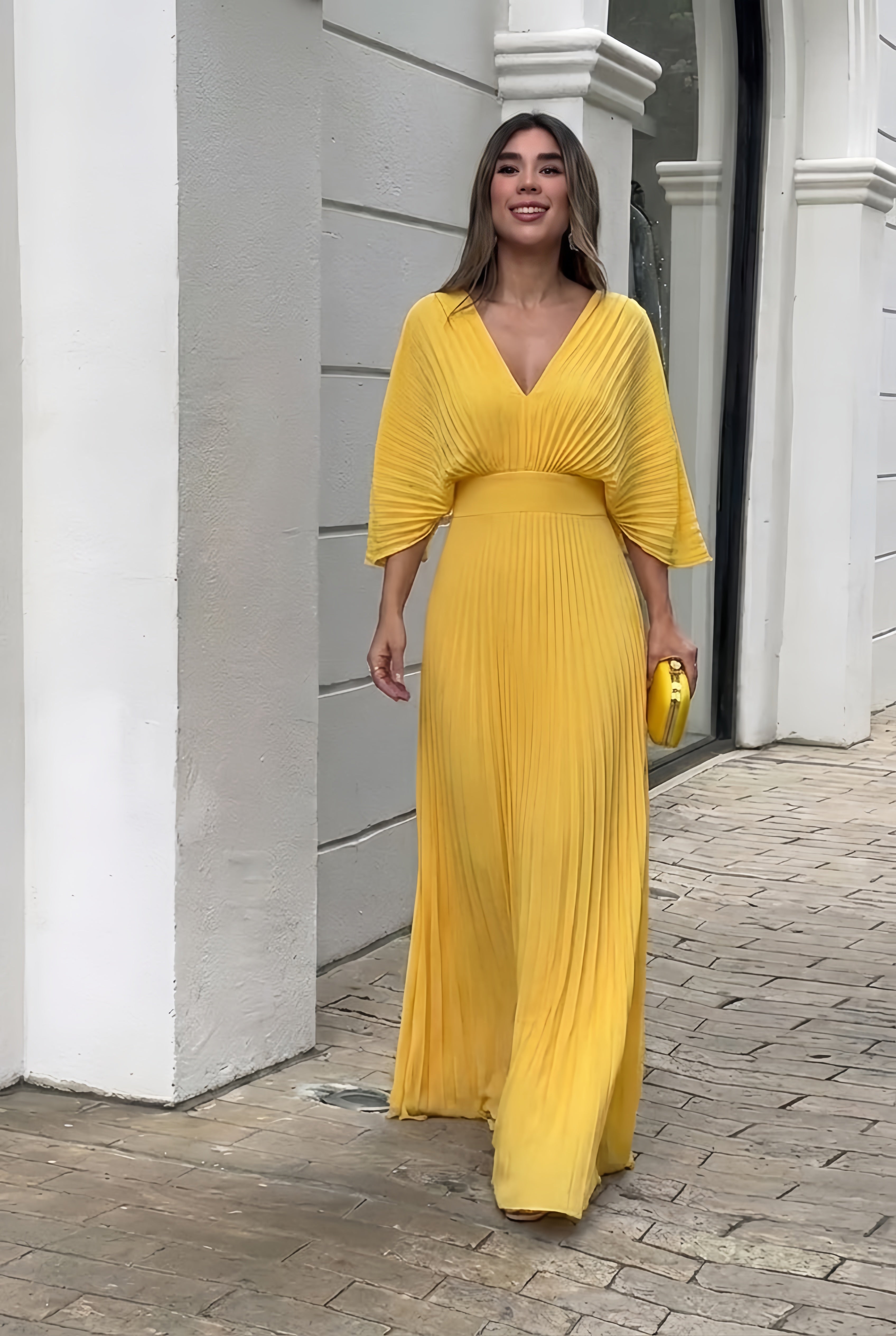 Women's Flowing Pleated Maxi Dress with V-Neckline and Kimono Sleeves | Koossa