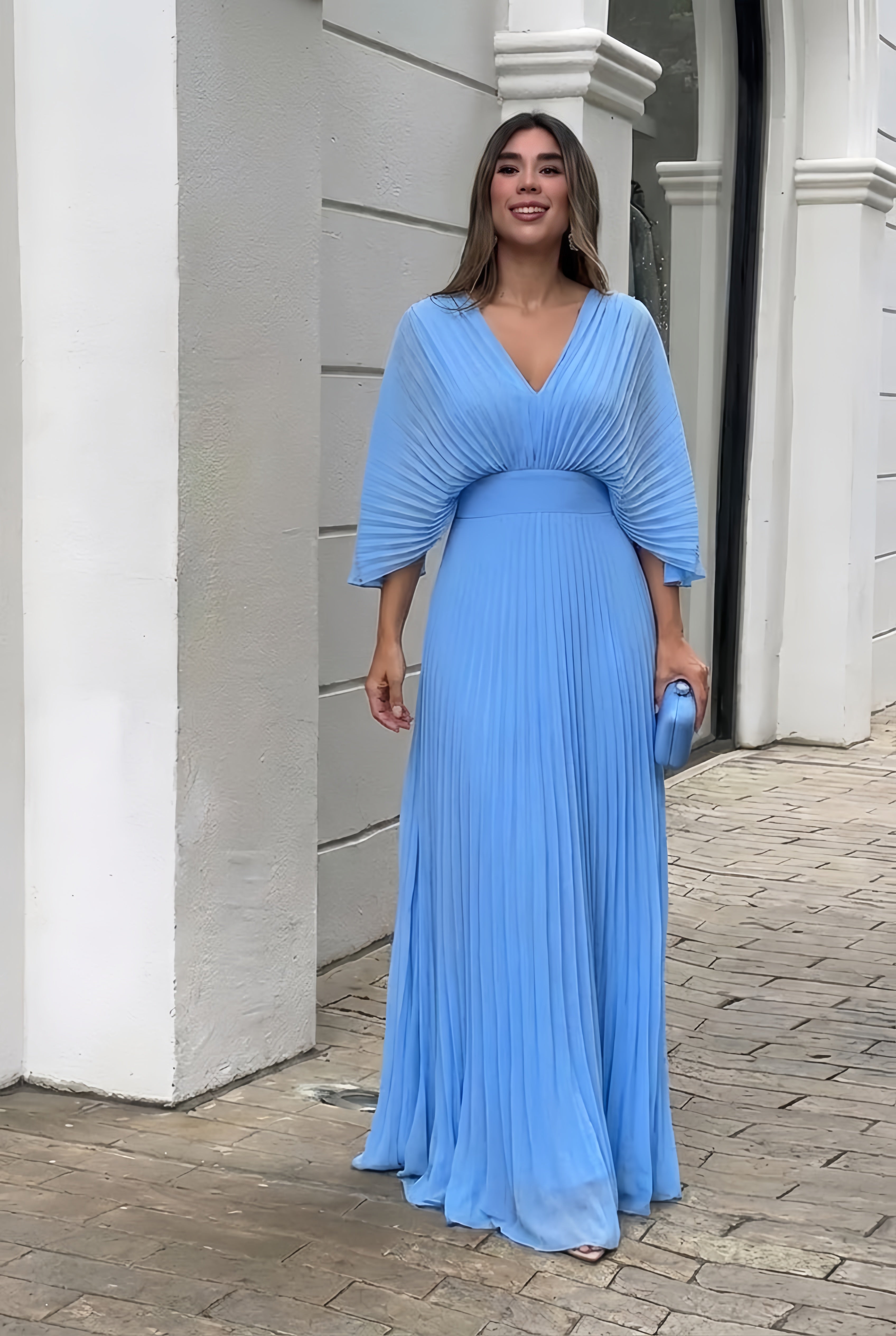 Women's Flowing Pleated Maxi Dress with V-Neckline and Kimono Sleeves | Koossa