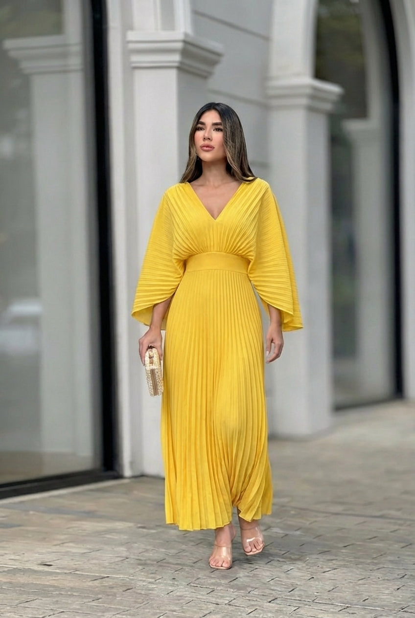 Women's Flowing Pleated Maxi Dress with V-Neckline and Kimono Sleeves | Koossa