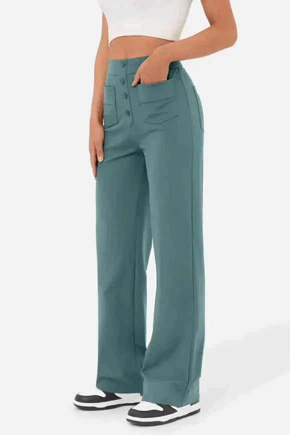 High-Waisted Wide-Leg Trousers with Button Detail in Soft Stretch Fabric | Women's Casual Elegance Everyday Relaxed Fit Statement Bottoms | Koossa