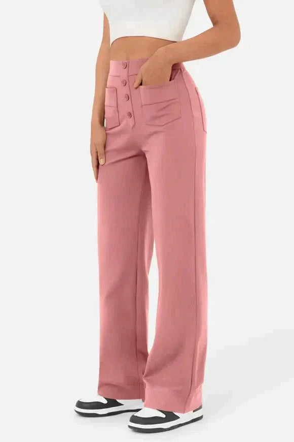 High-Waisted Wide-Leg Trousers with Button Detail in Soft Stretch Fabric | Women's Casual Elegance Everyday Relaxed Fit Statement Bottoms | Koossa