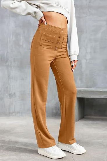 High-Waisted Wide-Leg Trousers with Button Detail in Soft Stretch Fabric | Women's Casual Elegance Everyday Relaxed Fit Statement Bottoms | Koossa