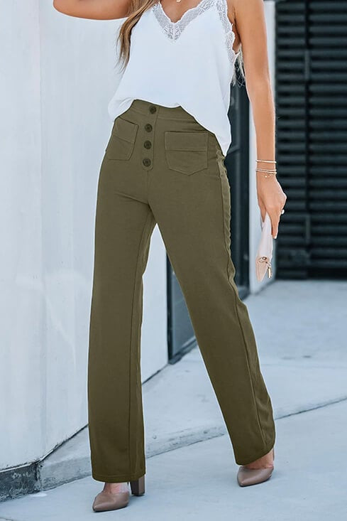 High-Waisted Wide-Leg Trousers with Button Detail in Soft Stretch Fabric | Women's Casual Elegance Everyday Relaxed Fit Statement Bottoms | Koossa