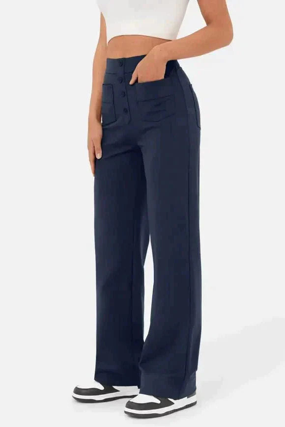 High-Waisted Wide-Leg Trousers with Button Detail in Soft Stretch Fabric | Women's Casual Elegance Everyday Relaxed Fit Statement Bottoms | Koossa