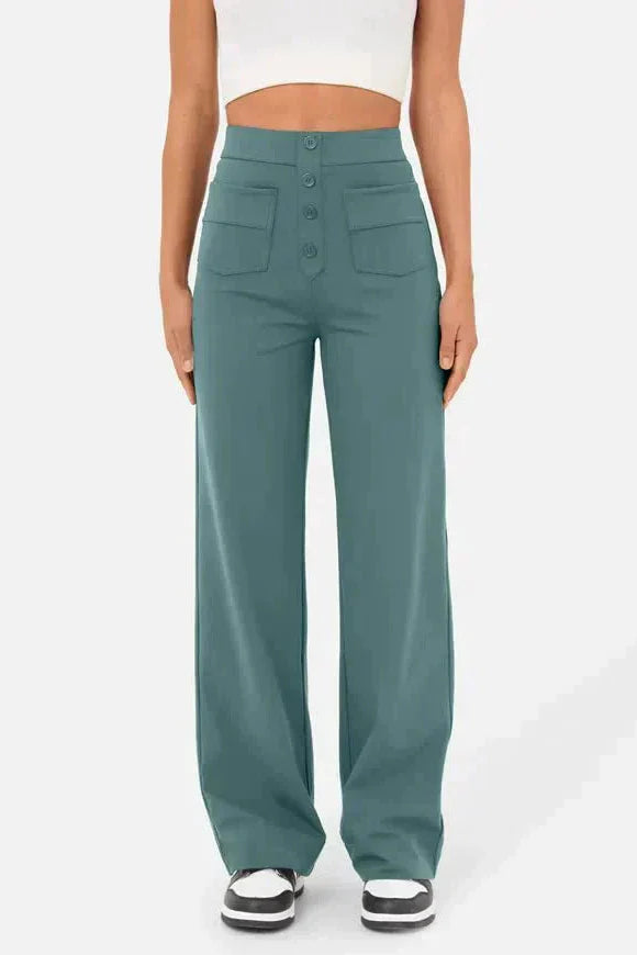 High-Waisted Wide-Leg Trousers with Button Detail in Soft Stretch Fabric | Women's Casual Elegance Everyday Relaxed Fit Statement Bottoms | Koossa