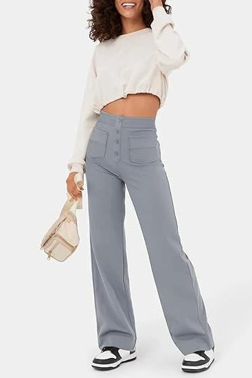 High-Waisted Wide-Leg Trousers with Button Detail in Soft Stretch Fabric | Women's Casual Elegance Everyday Relaxed Fit Statement Bottoms | Koossa