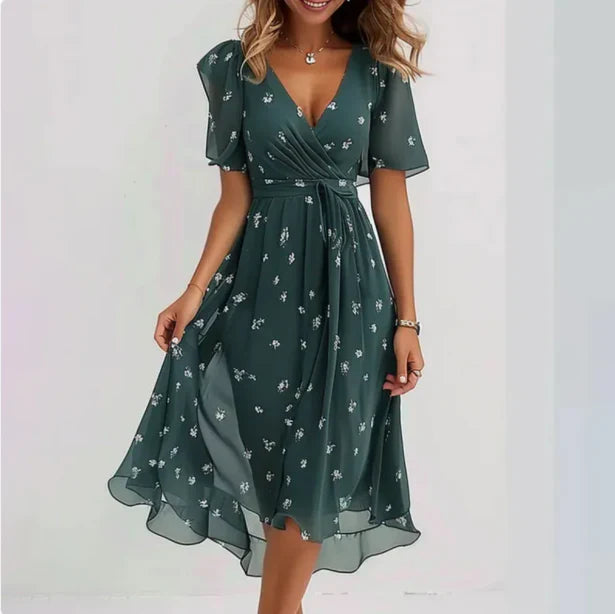 Women's V-Neck Short Sleeve Dress in Soft Breathable Fabric – Elegant Summer Dress for Warm Days, Garden Parties & Holidays | Koossa