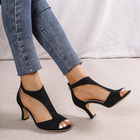 Peep Toe Mid Heel Sandals with Ankle Strap in Black and Pink – Elegant Occasion Footwear for Weddings and Evening Events | Koossa
