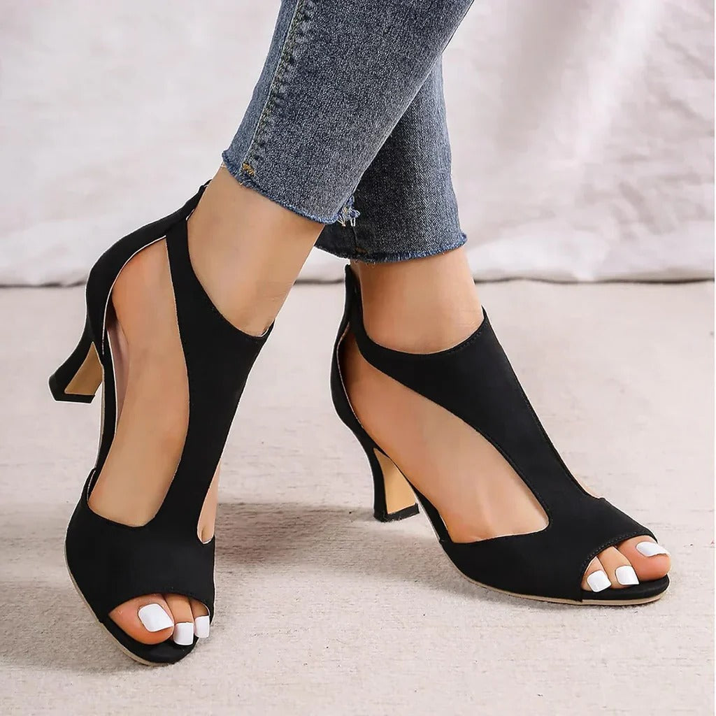 Peep Toe Mid Heel Sandals with Ankle Strap in Black and Pink – Elegant Occasion Footwear for Weddings and Evening Events | Koossa