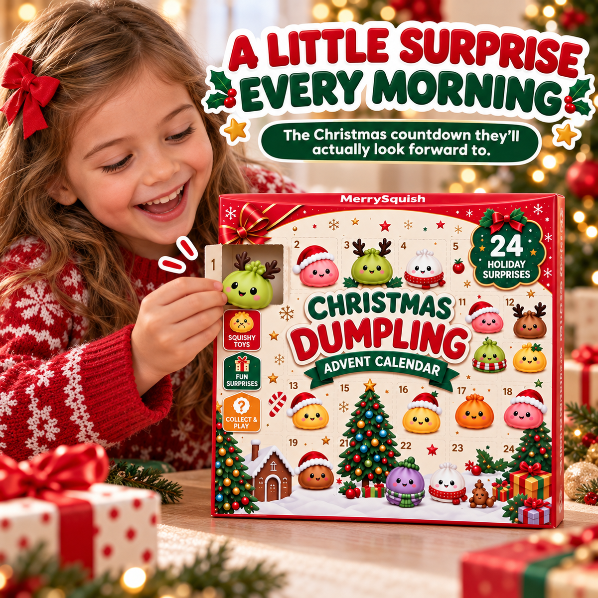 Advent Calendar with 24 Squishy Dumpling Figures, Christmas Countdown Toy for Kids, Kawaii Holiday Gift Set Ages 6 and Up | Lonoma