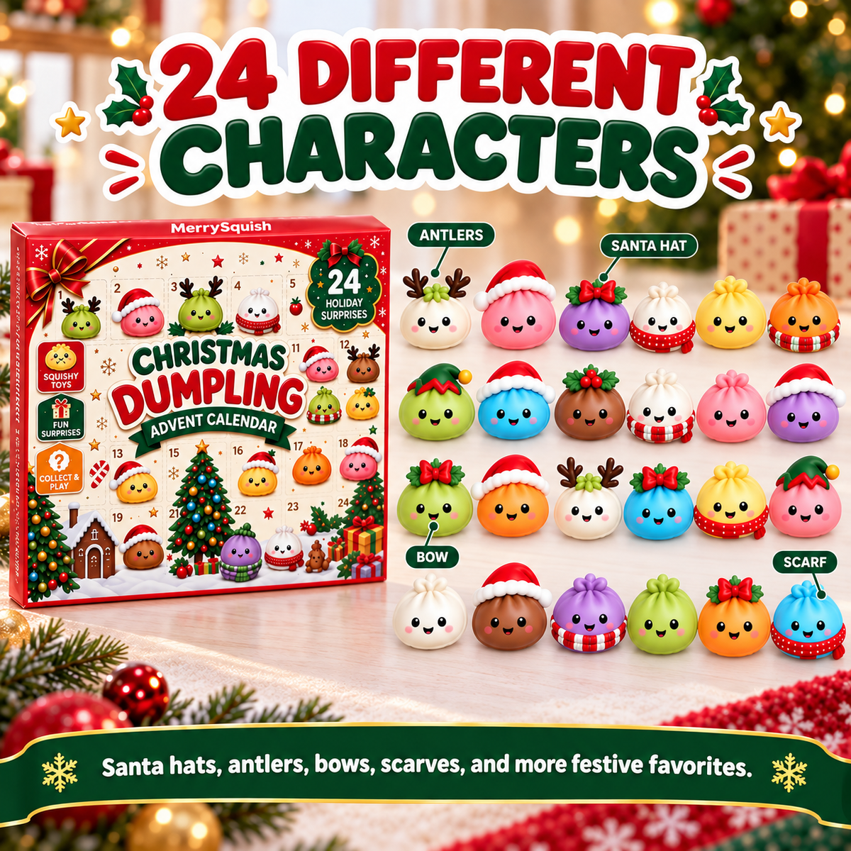 Advent Calendar with 24 Squishy Dumpling Figures, Christmas Countdown Toy for Kids, Kawaii Holiday Gift Set Ages 6 and Up | Lonoma