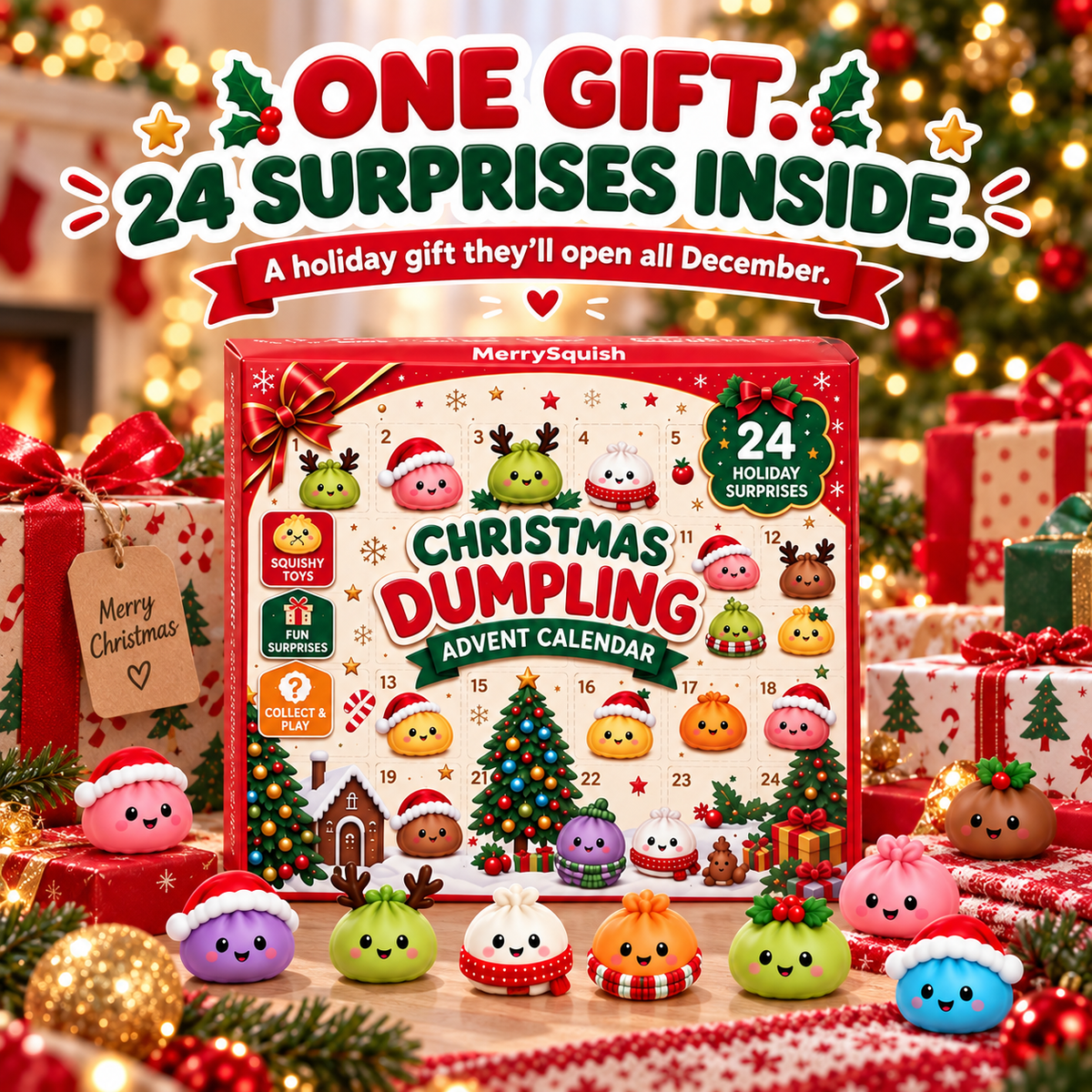 Advent Calendar with 24 Squishy Dumpling Figures, Christmas Countdown Toy for Kids, Kawaii Holiday Gift Set Ages 6 and Up | Lonoma