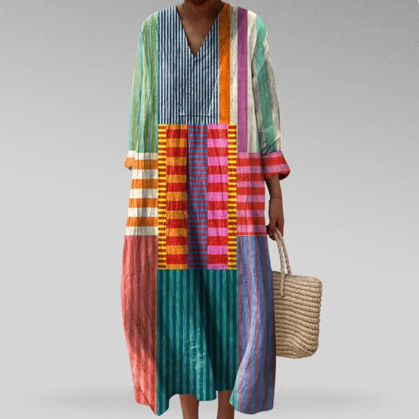Women's V-Neck Geometric Print Dress in Soft Woven Fabric – Relaxed Fit Summer Dress with Vintage-Inspired Pattern for Holiday, Brunch & Weekend Styling | Koossa