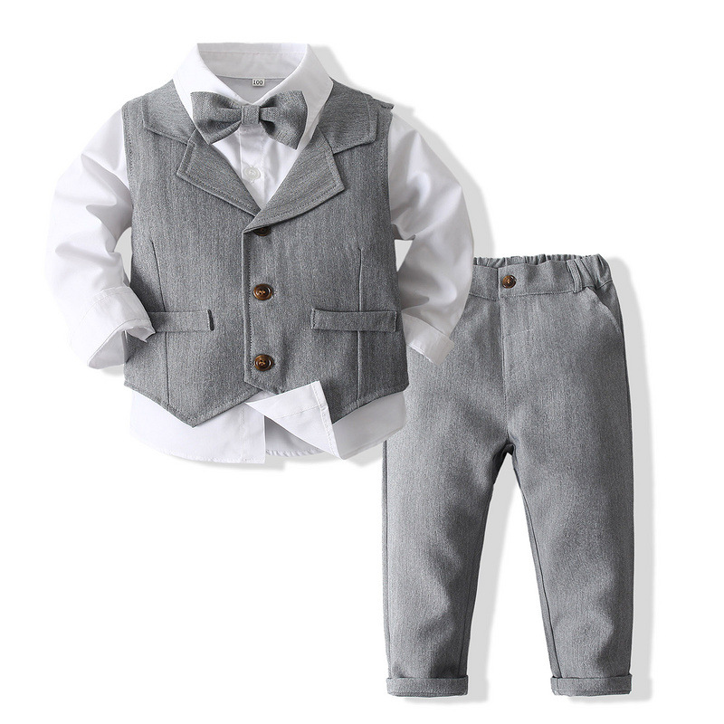 Boys' Three-Piece Formal Suit Set with Shirt, Waistcoat, Trousers and Bow Tie for Special Occasions | Koossa