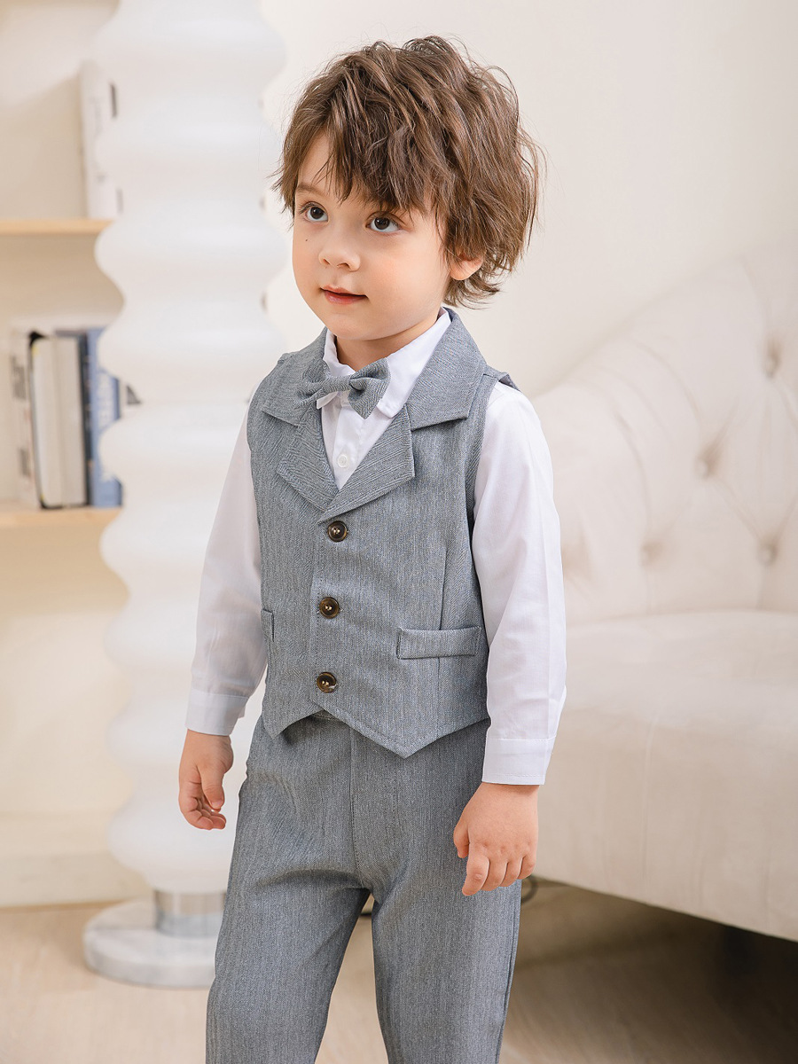 Boys' Three-Piece Formal Suit Set with Shirt, Waistcoat, Trousers and Bow Tie for Special Occasions | Koossa