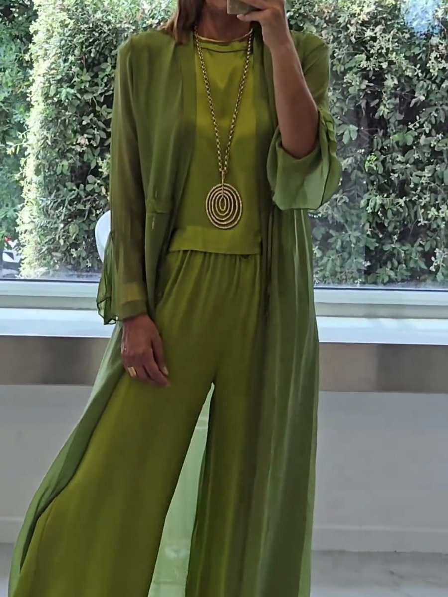 Women's Three-Piece Co-ord Set in Green with Wide-Leg Trousers, Sleeveless Top and Longline Cardigan for Casual Elegance and Relaxed Comfort | Koossa