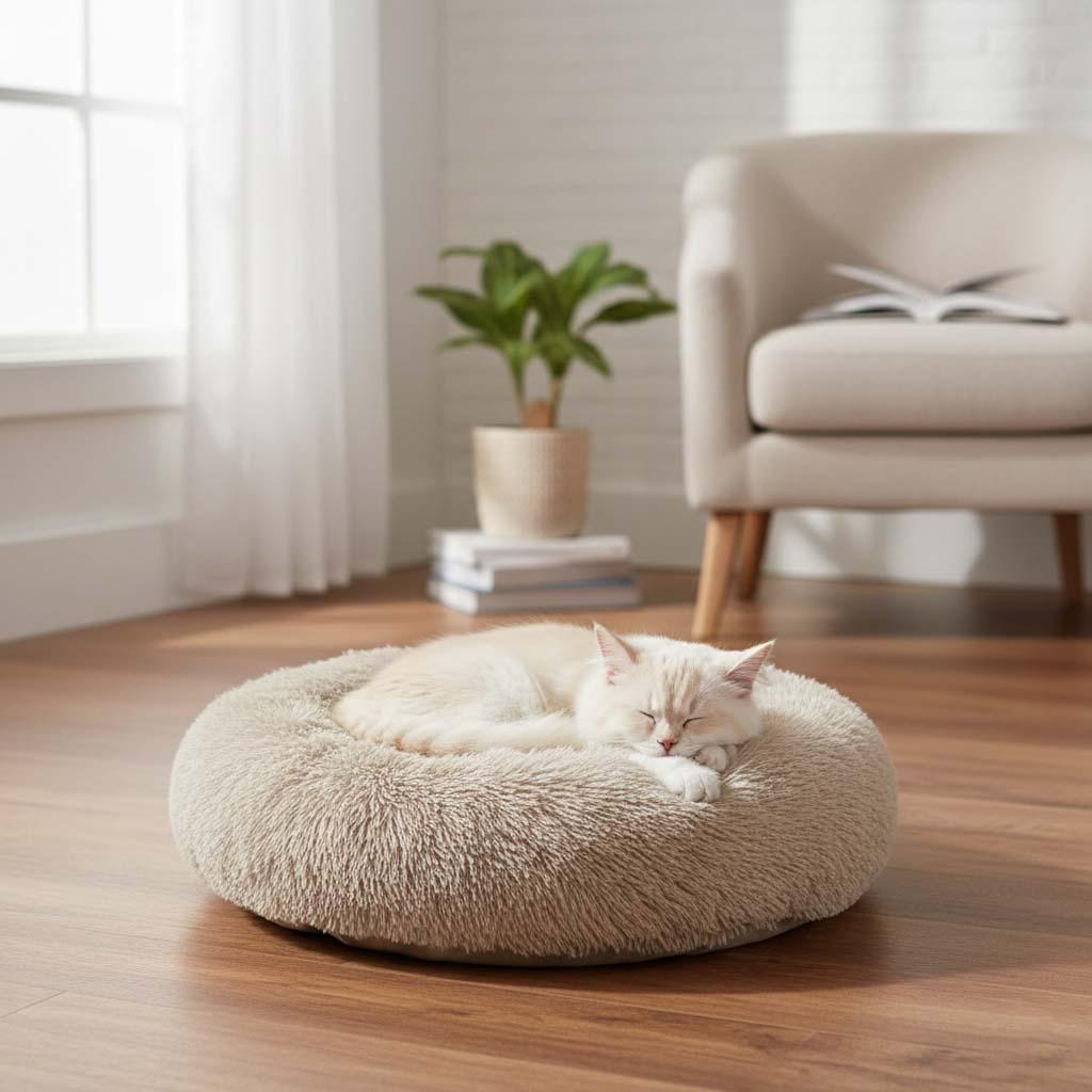 Round Pet Bed Plush Donut Dog Cat Cushion Raised Rim S M L XL Washable Cover Indoor Calming Nest Bolster | Koossa
