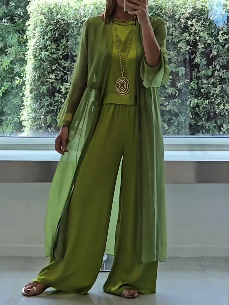 Women's Three-Piece Co-ord Set in Green with Wide-Leg Trousers, Sleeveless Top and Longline Cardigan for Casual Elegance and Relaxed Comfort | Koossa